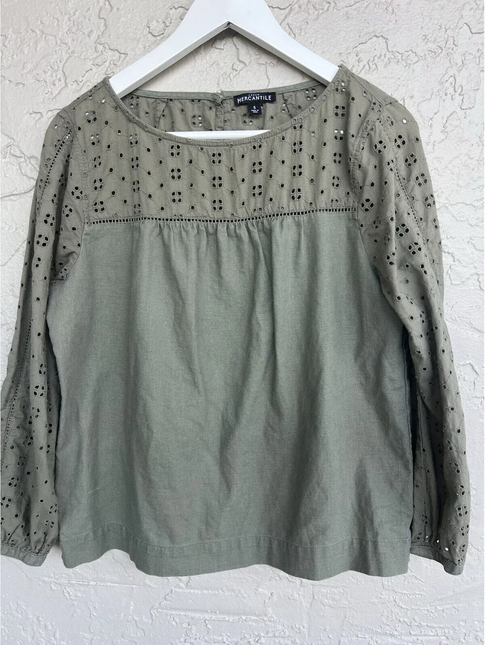 EUC! J.Crew Mercantile Olive Green Line Blend Eyelet Long Sleeves Shirt Women S